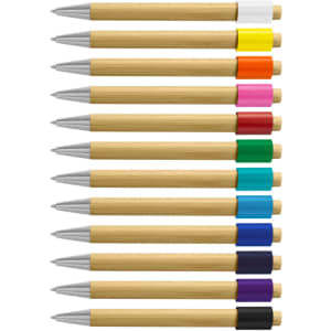 A collection of bamboo spinner pens in assorted colours including white, orange, pink, green, and purple.