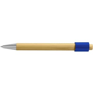 A bamboo spinner pen with a silver tip and blue grip, featuring a branding logo.