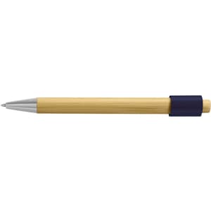 A bamboo pen featuring a silver tip and a navy blue grip. It has a sleek, natural finish.
