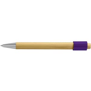 A bamboo spinner pen featuring a silver tip and a purple grip. The body is made of natural bamboo material.