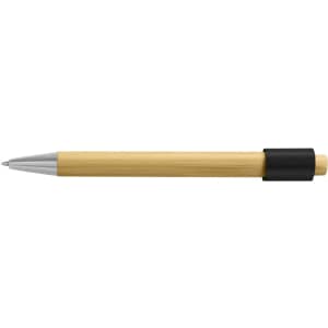 A bamboo spinner pen with a silver tip and a black grip, featuring a branding logo.