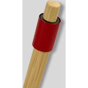 A bamboo spinner pen featuring a red grip and natural bamboo finish. The pen has a simple, modern design.