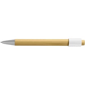 A bamboo spinner pen with a silver tip and a white section, featuring a branding logo.