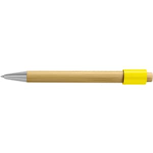 A bamboo pen with a shiny silver tip and a bright yellow grip. It features branding on the body.