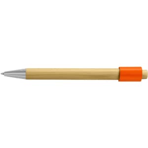A bamboo spinner pen with a silver clip and an orange accent. It features a simple, eco-friendly design.