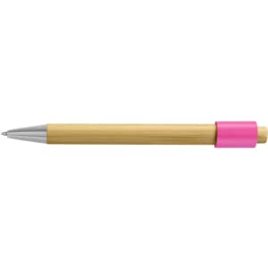 A bamboo spinner pen featuring a silver tip and a pink grip. It has a minimalistic design and a logo.