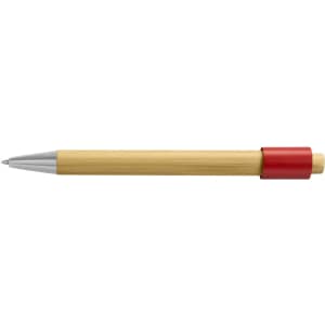 A bamboo pen featuring a silver tip and a red grip element. The pen has a natural bamboo finish.