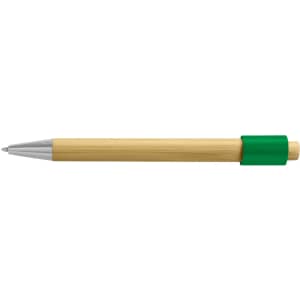 A bamboo pen with a silver tip and a green grip, featuring a logo.
