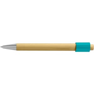 A bamboo spinner pen with a silver tip and turquoise grip, featuring branding on the side.