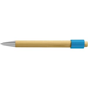 A bamboo pen with a blue grip and silver accents. It features a sleek, natural wood finish.