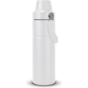 A drink bottle in white with a screw top lid and a side handle, featuring a sleek, modern design.