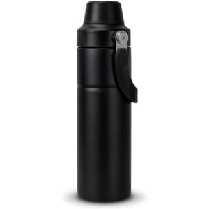 A drink bottle in sleek black with a secure lid and a carrying handle, featuring a logo.