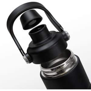 A drink bottle in matte black with a detachable lid featuring a handle and a stainless steel interior.