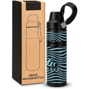 A drink bottle in black with blue wave patterns, accompanied by a box featuring a logo and product details.