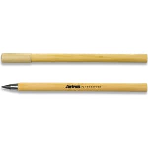 A bamboo pen with a black nib and a natural wood finish, featuring a logo.