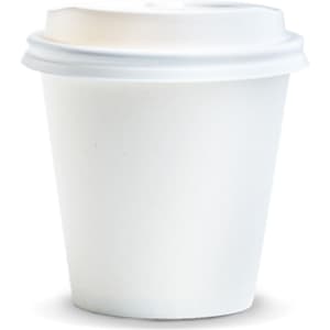 A white paper coffee cup with a lid, 180ml capacity, featuring a logo on the surface.