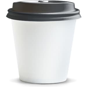 A white paper coffee cup with a black lid, sized at 180ml, featuring a logo.