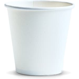 A paper coffee cup in white, designed for beverages, featuring a simple, unbranded appearance.