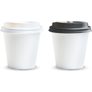 A coffee cup set featuring two 180ml cups, one with a white lid and one with a black lid, both in white.