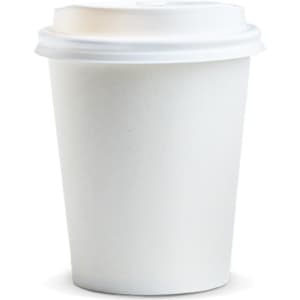 A white paper coffee cup with a lid, designed for hot beverages, and features a logo.