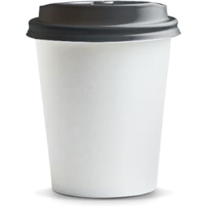 A white paper coffee cup with a black lid, holding 230ml of liquid. The cup features a logo.