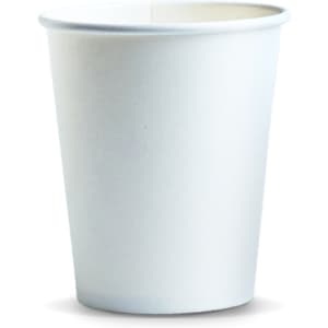 A white paper coffee cup with a smooth finish, holding 230ml of liquid and featuring a logo.