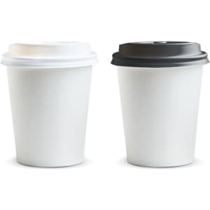 Two paper coffee cups, one with a white lid and one with a black lid, both in a plain white design.