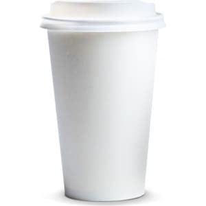 A white paper coffee cup with a plastic lid, holding 350ml of liquid. It features a logo on the surface.