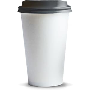 A paper coffee cup, 350ml, in white with a grey lid. Features a logo on the surface.
