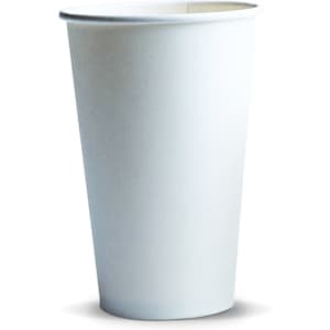 A paper coffee cup in white, with a simple design and a logo on it, holding 350ml of liquid.