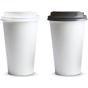 Two disposable paper coffee cups in white and black with spill-proof lids, designed for hot beverages.