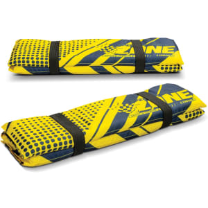A foldable stadium cushion in blue and yellow, secured with black straps. Features a logo on its surface.