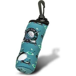 A golf ball holder in teal with a golf-themed design and a clip for attachment. It features a logo on the front.