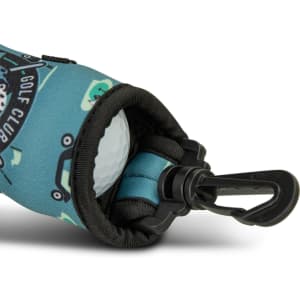 A golf ball holder in teal featuring a fun golf-themed design and a sturdy clip for attachment.
