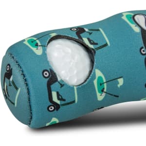 A teal golf ball holder with a playful pattern, designed to securely fit a golf ball. Features a branding logo.