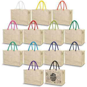 A range of beige cooler bags with colourful handles in various shades, featuring a graphic on one. All have branding.