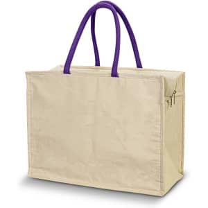A cream cooler bag featuring purple handles and a zippered side pocket, designed for transport and storage.