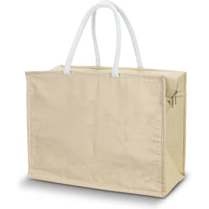 A cream cooler bag with white handles and a zippered compartment. It has a simple, spacious design.