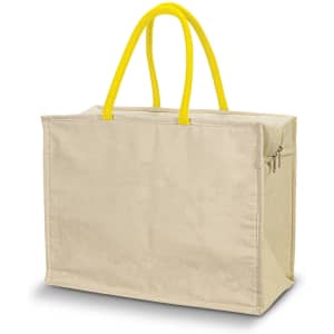 A beige cooler bag with yellow handles, featuring a zippered closure and a side pocket.