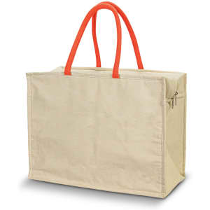 A cream cooler bag with bright orange handles, featuring a zip closure and a rectangular shape.