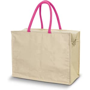 A beige cooler bag with pink handles, featuring a zippered compartment and a logo.