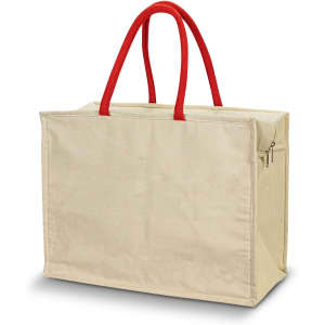 A cream cooler bag with red handles and a zippered closure, featuring a simple design and spacious interior.