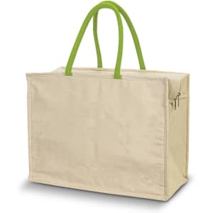 A beige cooler bag with green handles, featuring a zippered front pocket and a spacious main compartment.