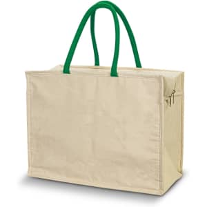 A beige cooler bag with green handles, featuring a zip closure and an additional pocket.