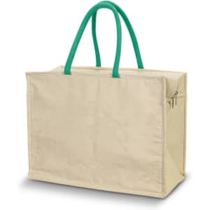A beige cooler bag with green handles, featuring a zip closure and a simple design. It has a logo on the front.