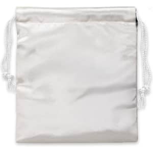 A small satin gift bag in a shimmering white colour with drawstring closures on either side.