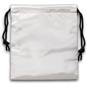 A small satin gift bag in white with black drawstring ties. Features a smooth, glossy surface.