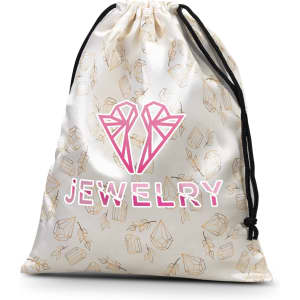A small satin gift bag with a drawstring closure, featuring a muted diamond pattern in cream and gold colours.