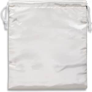 A medium satin gift bag in shiny white featuring drawstring closures and a smooth surface.