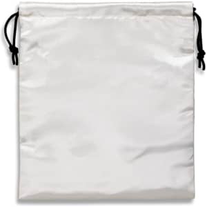 A medium satin gift bag in white with black drawstrings and a smooth, shiny surface.